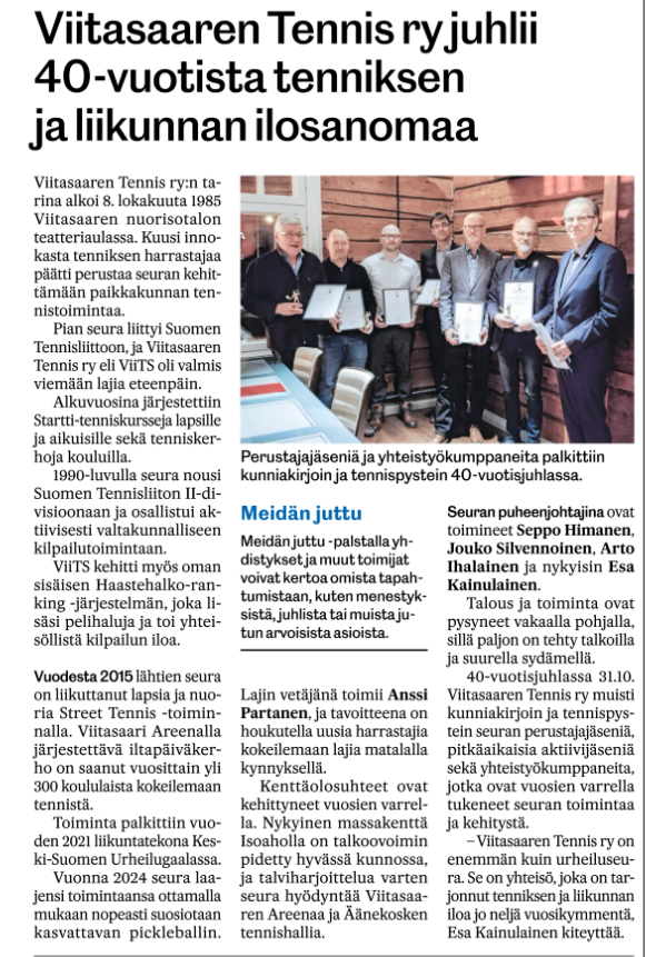 Palkituja Viitasaaren tennis ry 40-vuotta
